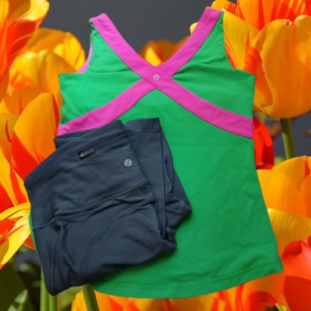Lululemon Athletica Green and Pink Tank Top With Navy Pants (10)